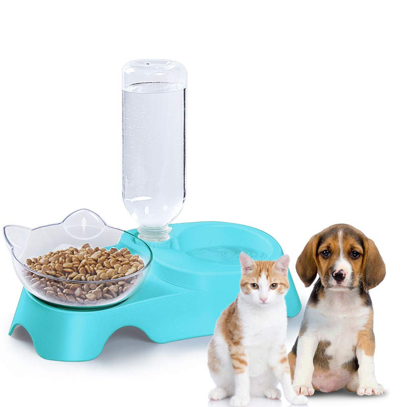 MILIFUN Double Dog Cat Bowls - Pets Water and Food Bowl Set, 15°Tilted Water and Food Bowl Set with Automatic Waterer Bottle for Small or Medium Size Dogs Cats Blue - PawsPlanet Australia