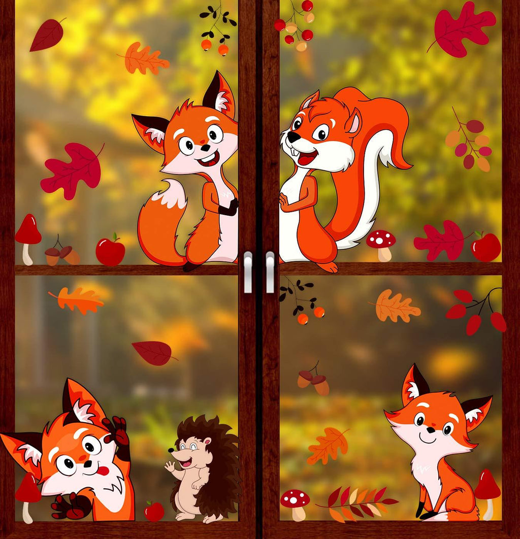 VEYLIN 6Sheet 150Pcs Thanksgiving Window Clings, Cute Cartoon Fall Animal Window Stickers for Seasonal Decorations - PawsPlanet Australia