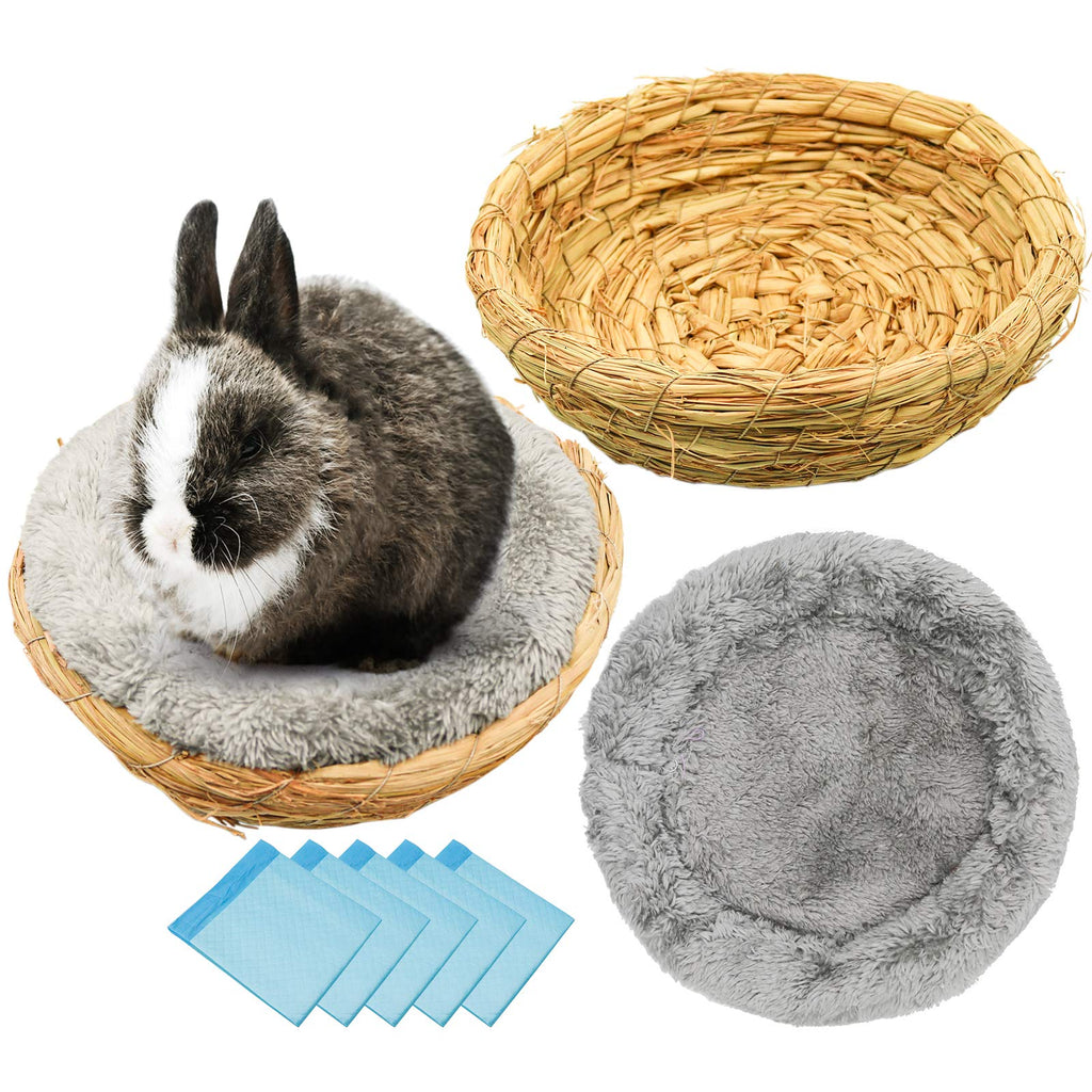 Roundler Bunny Grass Bed, 2 Pack Rabbit Natural Handcrafted Woven Straw Bed with 2 Pack Soft Warm Pad for Squirrel, Hedgehog, Bunny, Chinchilla, Hamster, Guinea Pig, Ferret, Small Animals Chew Toys H01 - PawsPlanet Australia