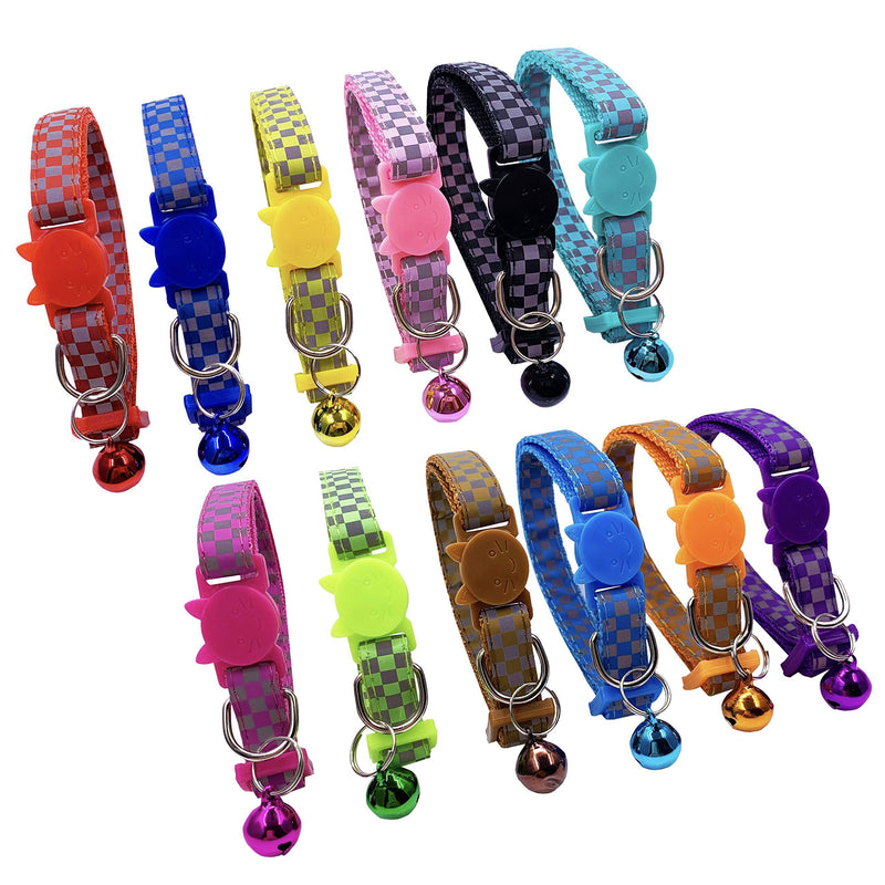 [Australia] - PACCOMFET 12 Pcs Breakaway Cat Collar Nylon Reflective Cat Collars with Bell, Multicolor, Checked, Safe and Durable 