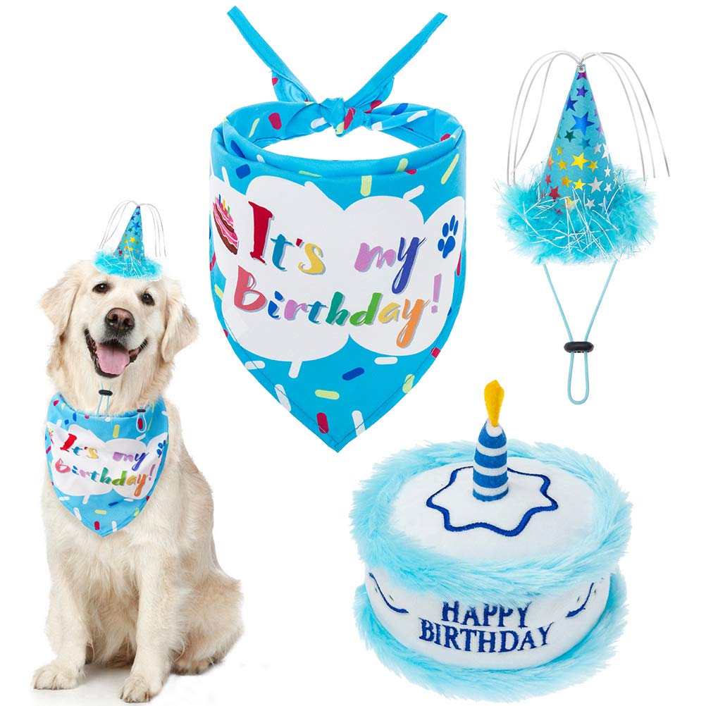 EXPAWLORER Dog Birthday Bandana Set - Cute Hat and Squeaky Cake Toy for Birthday Party Supplies Gift - Great for Small Medium Large Dogs Blue - PawsPlanet Australia