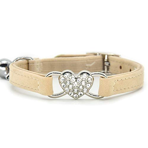 Chukchi Heart Bling Cat Collar with Safety Belt and Bell 8-11 Inches Beige - PawsPlanet Australia