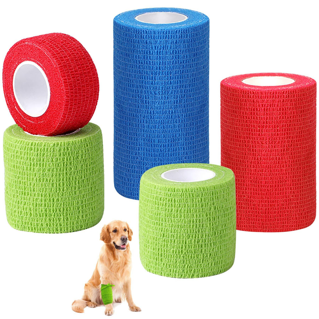 5 Rolls Vet Wrap Pet Self-Adhesive Bandage Cohesive Tapes for Animals (Blue or Orange+Green+Red) 4inch+3inch+2inch+1inch - PawsPlanet Australia