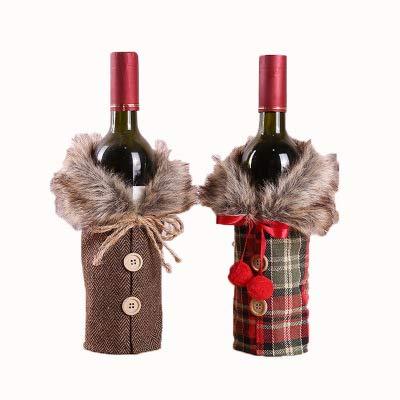 2 Pcs Christmas Sweater Wine Bottle Covers,Plaid Clothes & Linen Wine Bottle Dress With Faux Fur Collar And Button Coat Design Wine Bottle Bags for Xmas Party Decorations - PawsPlanet Australia
