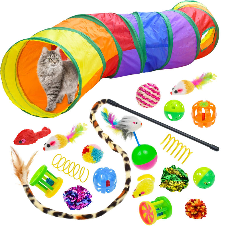 Malier 20 PCS Cat Kitten Toys Set, Collapsible Cat Tunnels for Indoor Cats, Interactive Cat Feather Toy Fluffy Mouse Crinkle Balls Toys for Cat Puppy Kitty Kitten Rabbit A-Rainbow - PawsPlanet Australia
