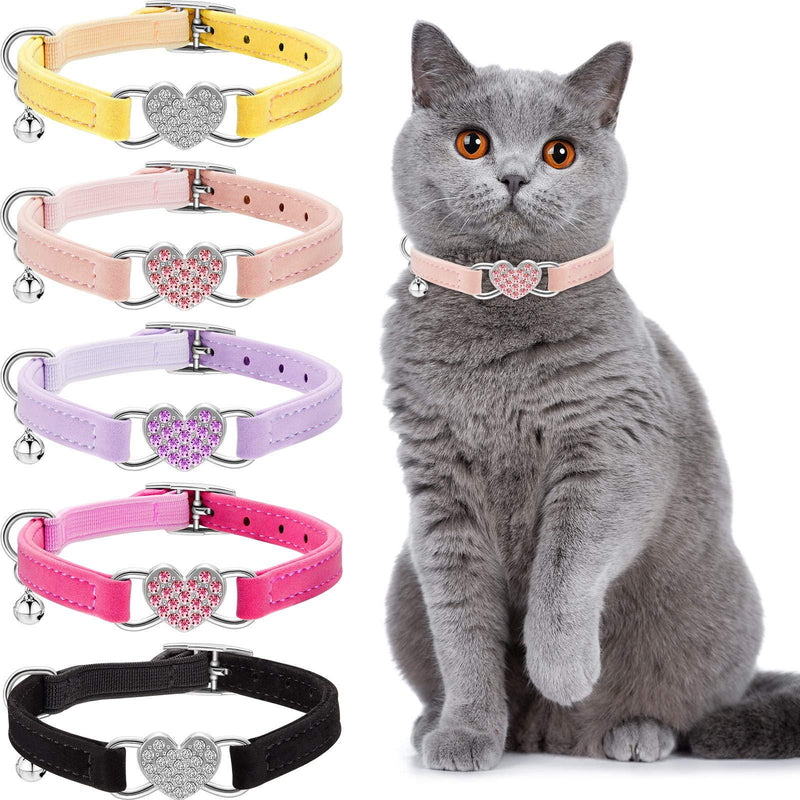 [Australia] - Weewooday 5 Pieces Heart Bling Cat Collar Soft Velvet Cat Collar with Love Heart Rhinestone Breakaway Cat Collar with Bell Adjustable for Kitty, 5 Colors 