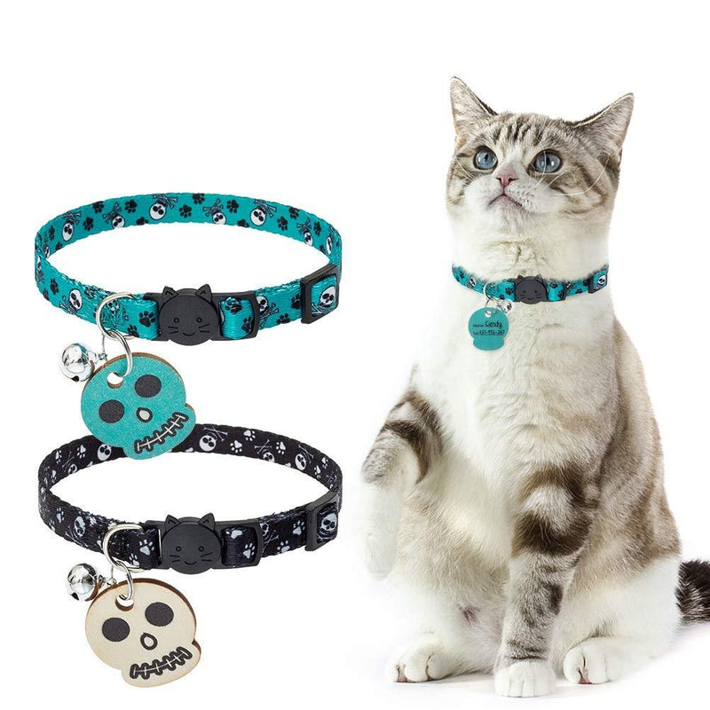 PUPTECK Breakaway Cat Collar with Bell - 2 Pack Personalized Skull Pattern Collars with Wooden ID Tag for Kitten Kitty Black&Green - PawsPlanet Australia
