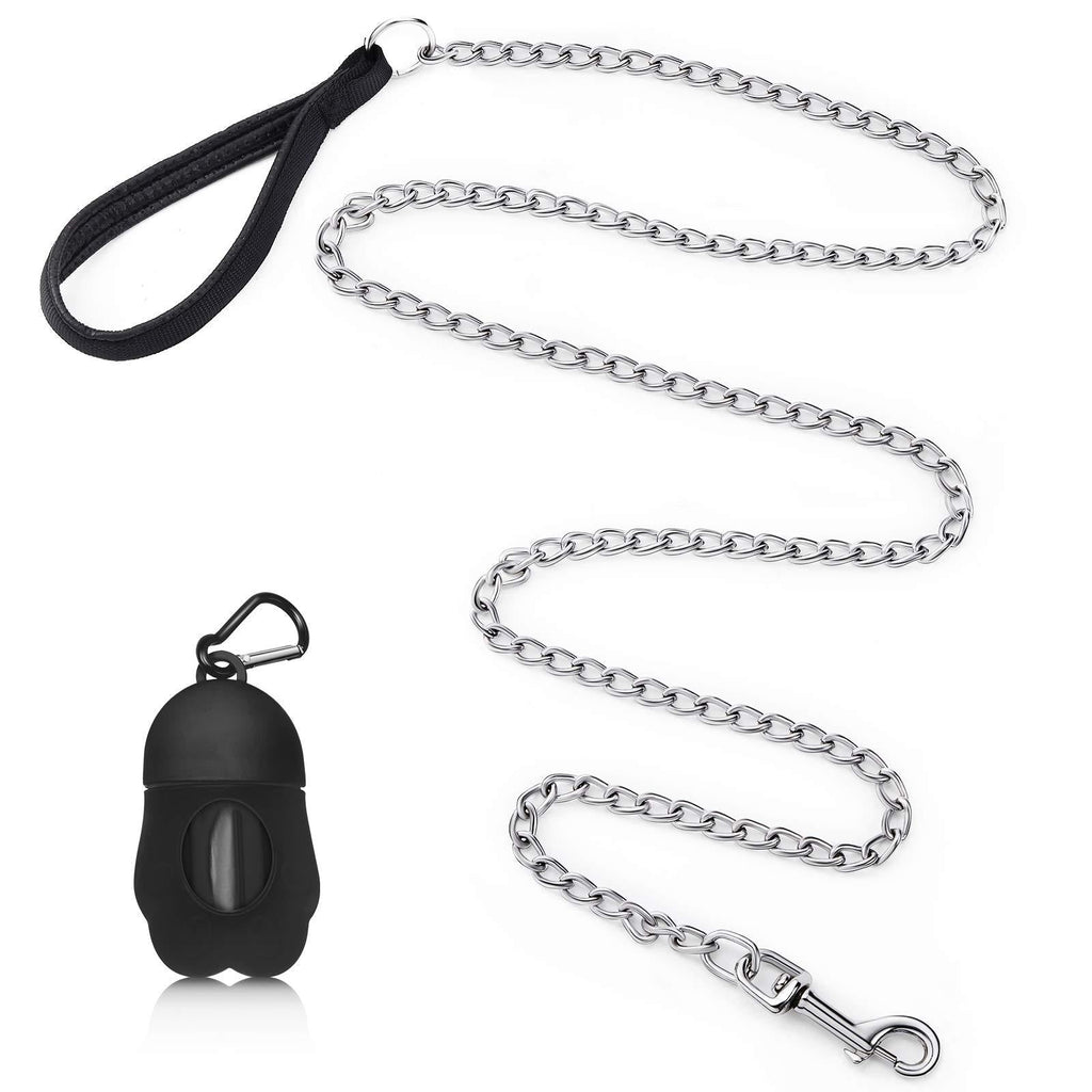 [Australia] - 6 Feet Metal Chain Leash Heavy Duty Dog Leash with Dog Waste Bag Holder, Basic Leash with Padded Handle, for Walking,Traffic Training and Traveling for Large and Medium Size Pets Black 