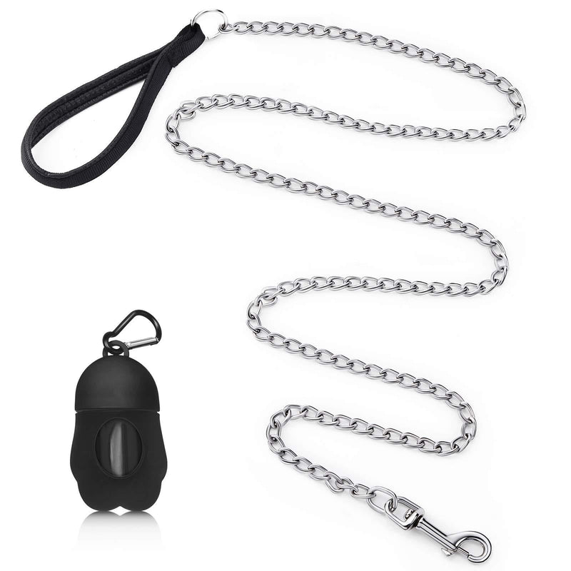 [Australia] - 6 Feet Metal Chain Leash Heavy Duty Dog Leash with Dog Waste Bag Holder, Basic Leash with Padded Handle, for Walking,Traffic Training and Traveling for Large and Medium Size Pets Black 