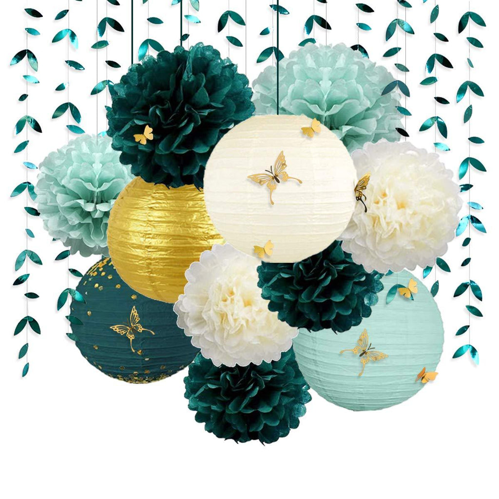 Hunter Green and Gold Hanging Tissue Lantern Flowers Pom Pom with 3D Butterflies Leaf Garland Streamer for Botanical Wedding Bridal Baby Shower Birthday Engagement Bachelorette Party Decorations - PawsPlanet Australia