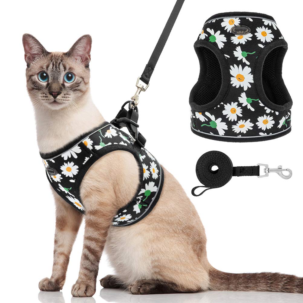 [Australia] - PAWCHIE Daisy Pattern Cat Harness and Leash Set, Soft Breathable Mesh Adjustable Kitten Vest Harness with Popular Daisy Patterns, Reflective Edge, for Outdoor Walking 