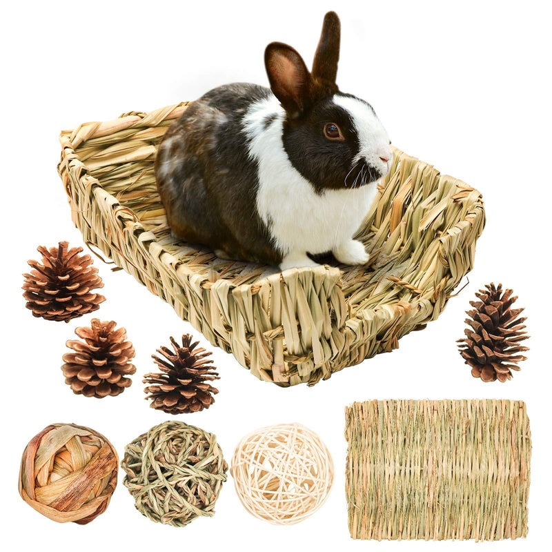 suruikei Portable Grass Bed with Grass Balls, Natural Straw Woven Grass Bed Sleeping Pad Bunny Chew Toys Hay Mat for Rabbit Hamster Gerbil Chinchilla Guinea Pig Mice Other Small Animals Set 1 - PawsPlanet Australia