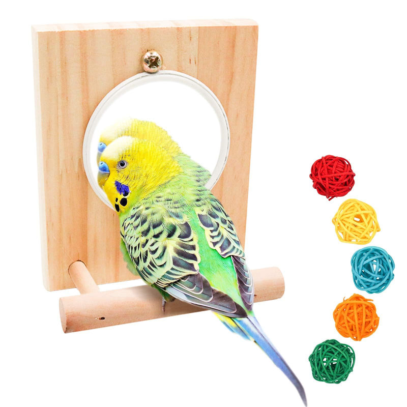 [Australia] - suruikei Bird Mirror Toy with Wooden Perch Stand, Birdcage Fun Platform Stand Toys for Macaws Lovebird Cockatoo Parakeet Conure Finch Cockatiels Bird Cage Accessories Wood Toy Set 1 
