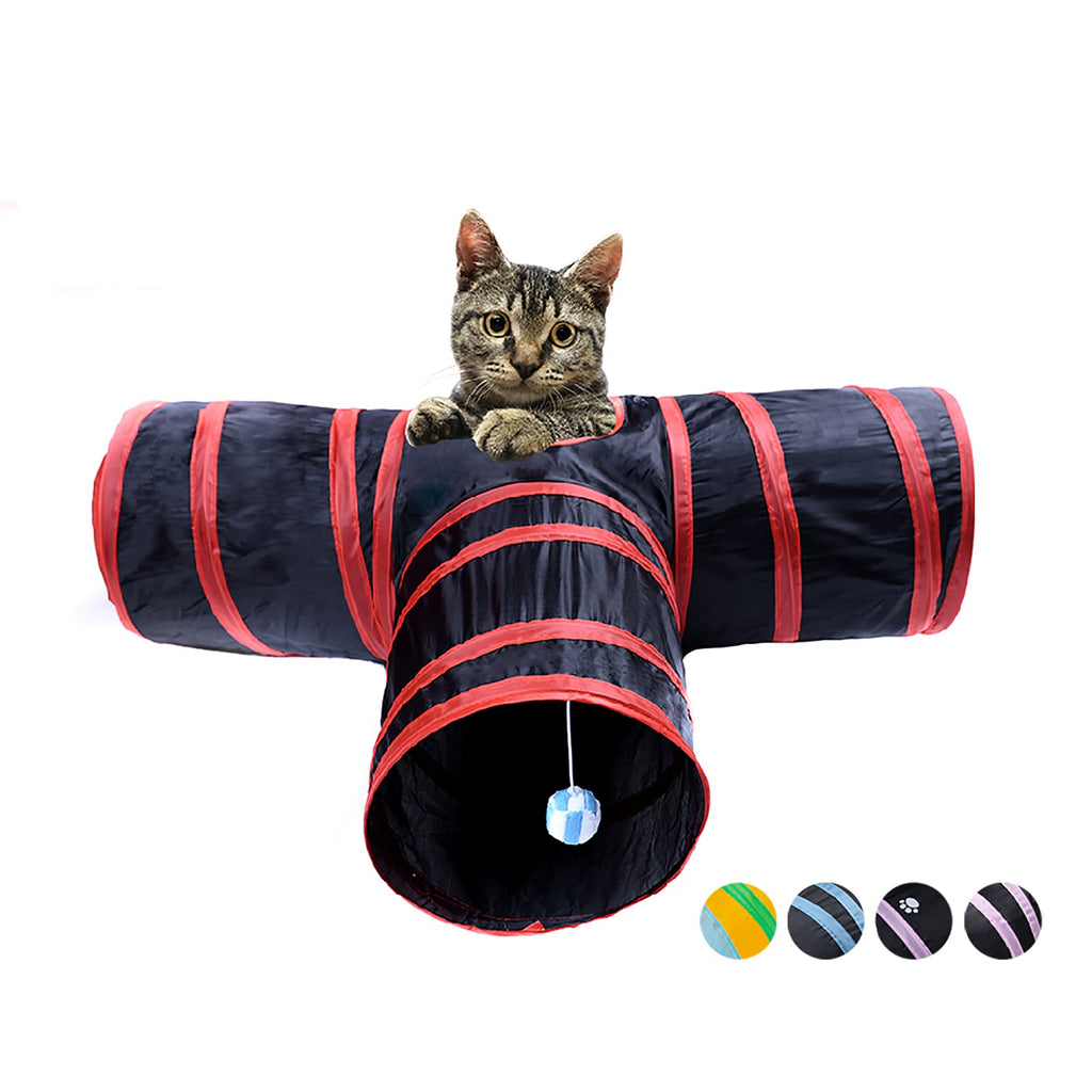 Alicedreamsky Cat Tunnel, Collapsible Tube with 1 Play Ball Kitty Toys, 3 Ways Cat Tunnels for Indoor Cats, Puppy, Kitty, Kitten, Rabbit Black & Red - PawsPlanet Australia