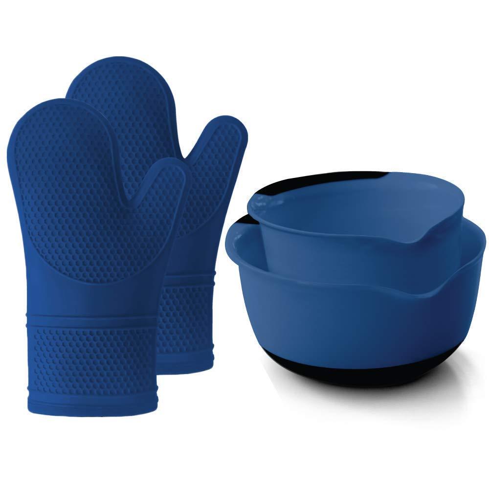 Gorilla Grip Oven Mitts Set and Mixing Bowls Set of 2, Both in Blue Color, Mixing Bowls Include 5 Quart and 3 Quart Sizes, Oven Mitts are Heat Resistant, 2 Item Bundle - PawsPlanet Australia