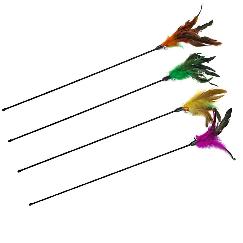 IUHKBH Cat Wand Toys, 4 PCS Interactive Cat Teaser Wand Cat Feather Toys with Loud Bell - 20" Long Wand for Cat and Kitten A - PawsPlanet Australia