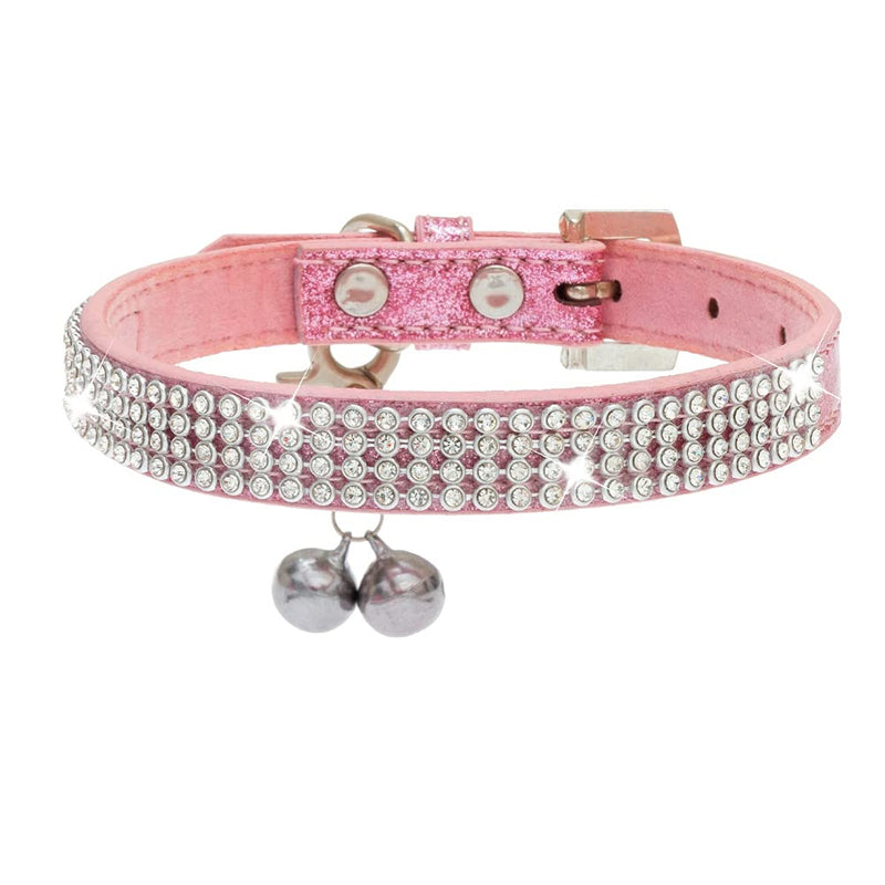 PUPTECK Basic Adjustable Cat Collar with Bling Diamante and Double Bells, for Kitten and Small Puppy, Fashion and Shining XXS: Collar adjustable: 6-8in , 0.3inch width Pink - PawsPlanet Australia