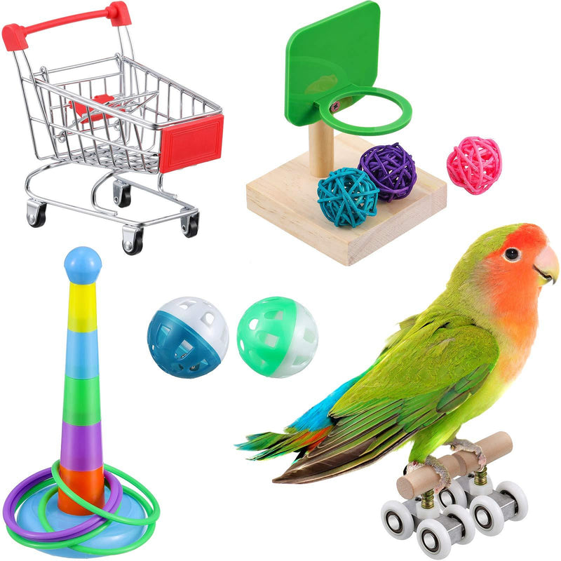 [Australia] - 6 Pieces Bird Training Toys Parrot Intelligence Toy Mini Shopping Cart Mini Roller Skate Toy Basketball Stacking Rings Bird Toy Bell Balls for Parrots and Birds Trick Tabletop Toys 