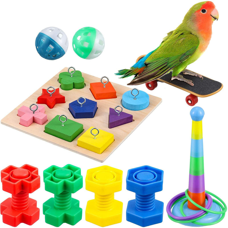 [Australia] - 6 Pieces Bird Training Toys Parrot Intelligence Toy Parrot Wooden Block Puzzles Toy Stacking Rings Toy Mini Parrot Skateboard Nuts and Bolts Bird Toy Bell Balls for Budgie Parakeet Cockatiel Macaw 