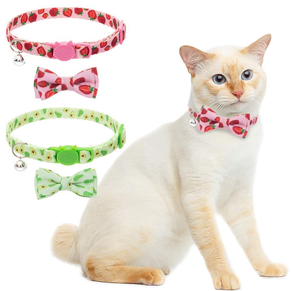 [Australia] - EXPAWLORER Bowtie Cat Collar Breakaway - 2 Packs Soft Adjustable Kitten Collars with Bells Cute Fruit Pattern 