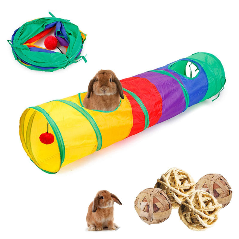 HERCOCCI Bunny Tunnel, Collapsible & Play Rabbit Hideout Tunnel Tubes with 4 Pack of Grass Ball Hideaway Small Animal Activity Chew Toys for Hamster Chinchilla Guinea Pig Gerbil Ferret 47 x 10 in - PawsPlanet Australia