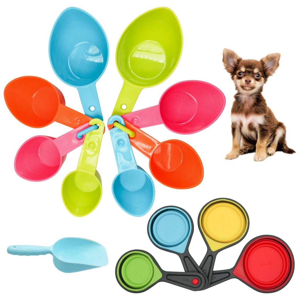 [Australia] - Roundler Pet Food Scoop Set, 4 Sizes Plastic Measuring Cups & 4 Sizes Collapsible Silicone Pet Measuring Scoops for Dog Cat Bird Guinea Pig Ferret and Other Small Animals Dry Food Water Random 