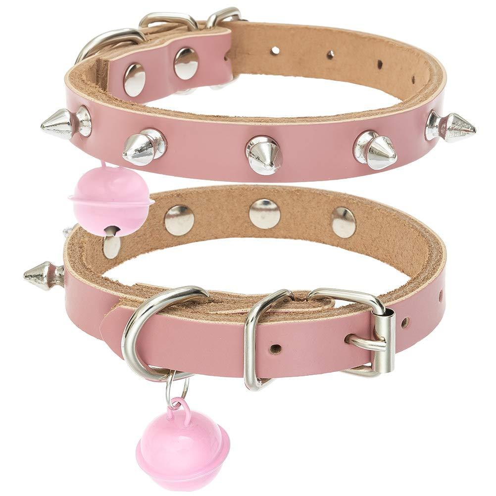 BINGPET Genuine Leather Cat Collar with Bells - Studded Cat Collar with Spikes Soft and Strong Real Leather Made, Adjustable for Small Dogs Puppy Cats Pink - PawsPlanet Australia