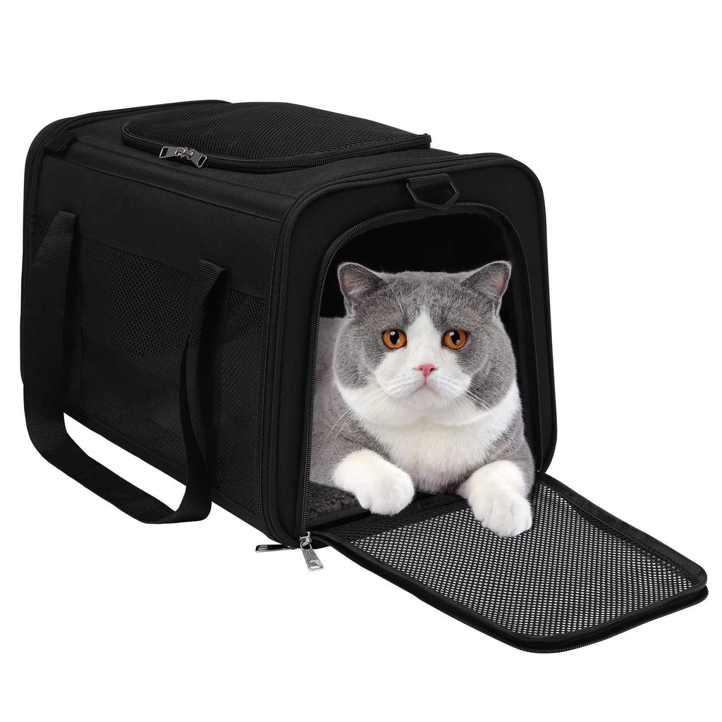 WDM Airline Approved Cat Carrier, Soft Sided Collapsible Puppy Carrier with Locking Safety Zippers, Removable Fleece Pad and Pockets for Small Dogs Puppies Large Cat Medium Black - PawsPlanet Australia