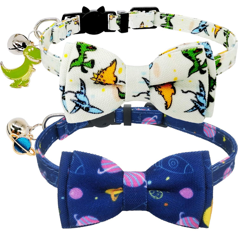 [Australia] - KUDES Cat Collar Breakaway with Cute Bow Tie and Bell Charms, 2 Pack/Set Adjustable Safety Buckle Printed Pet Collars for Kitty Puppies and Other Small Animals Dinosaur & Space 