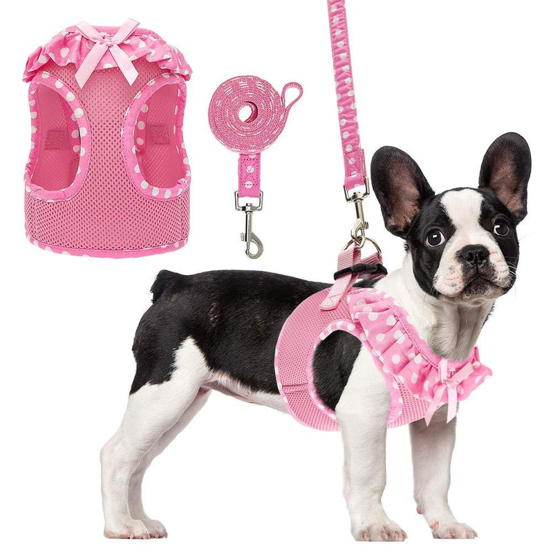 Puppy Harness and Leash Set for Small Dogs Cats - Soft Mesh Adjustable No Pull Dog Vest Harness with Cute Polka Dot and Bowknot S: Chest Girth: 12-14",Leash: 0.6*59" Pink - PawsPlanet Australia