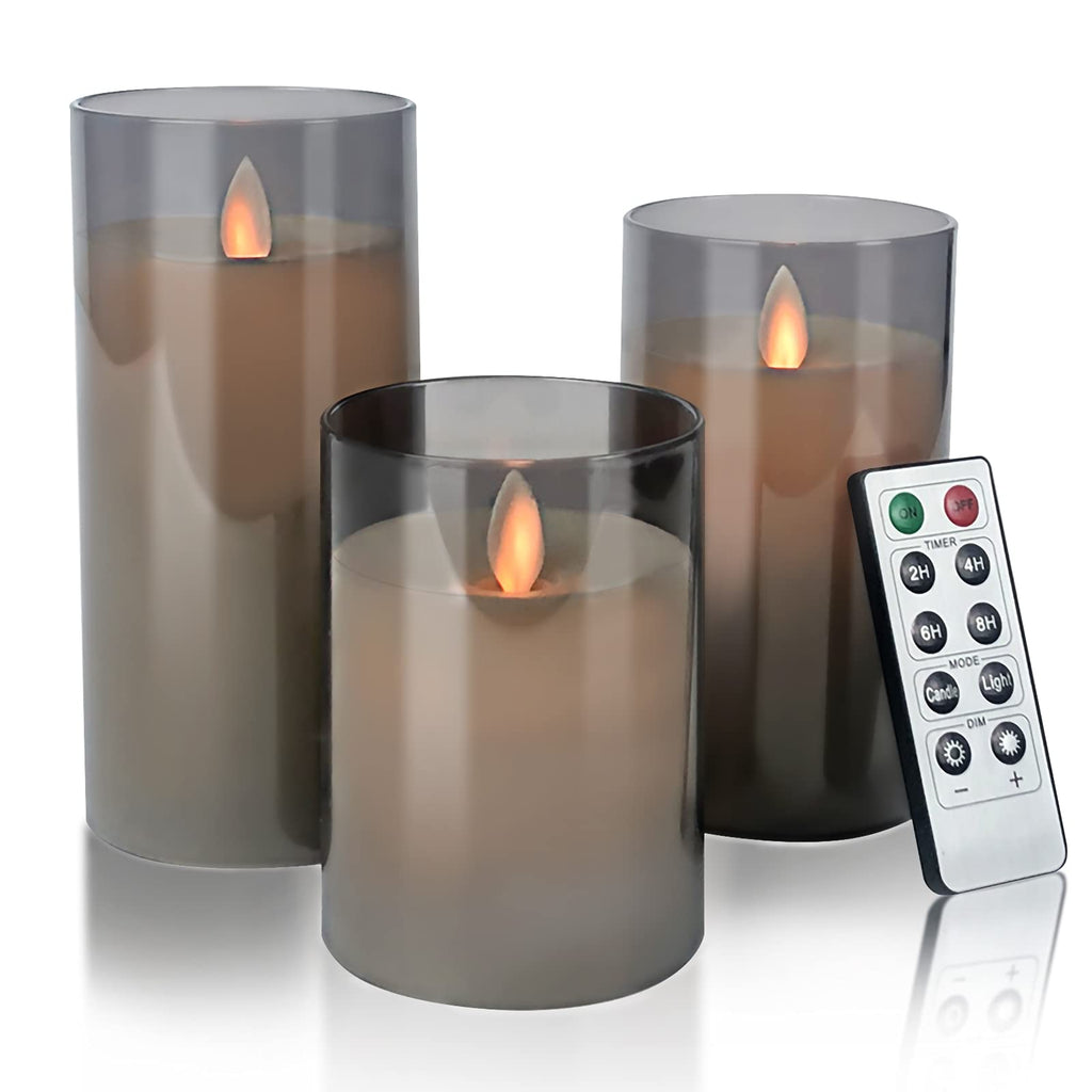 Aignis Flameless Candles Flickering with Remote, Battery Operated Candles Pack of 3 with Timer, Plexiglass LED Candles for Home Table Decor(D: 3"x H: 4"5"6") Grey - PawsPlanet Australia