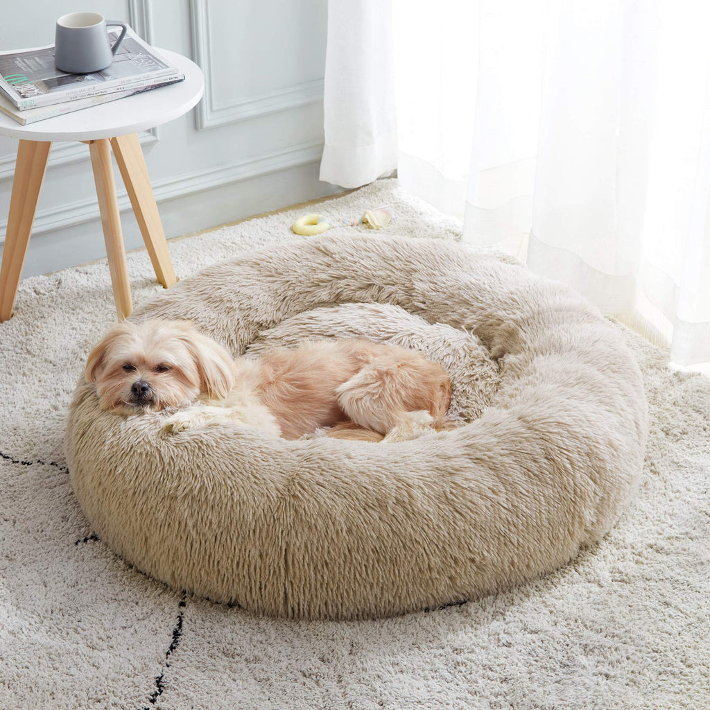 Calming Dog Bed & Cat Bed, Anti-Anxiety Donut Dog Cuddler Bed, Warming Cozy Soft Dog Round Bed, Fluffy Faux Fur Plush Pet Dog Cat Cushion Bed for Small Medium Dogs and Cats (20"/24"/27") 20" Brown - PawsPlanet Australia