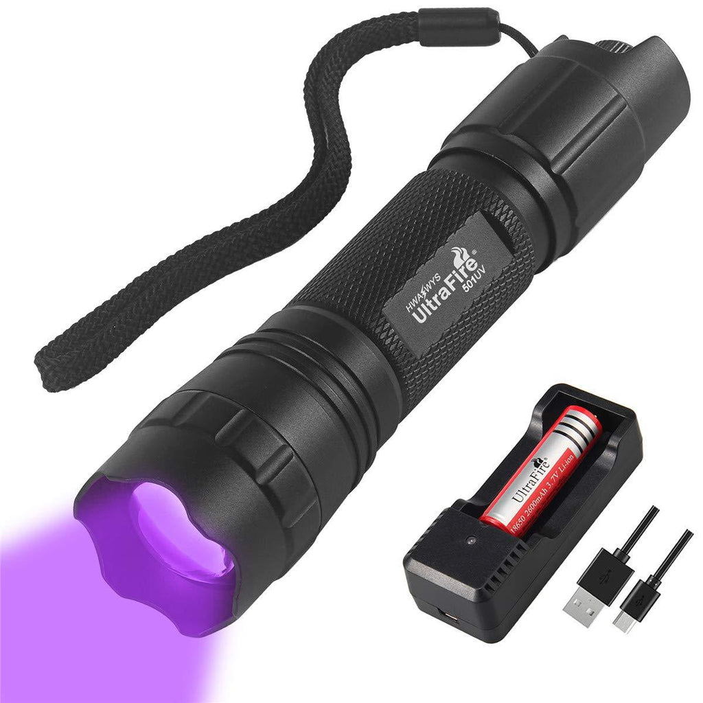 [Australia] - UltraFire 5W UV Flashlight,Infinite Dimming 395-405 nm BlackLight LED Flashlight,Zoomable,With Rechargeable Battery And Charger,For Dog/Cat Urine, Dry Stains, Bed Bugs, Scorpions,A/C Leak Detector 