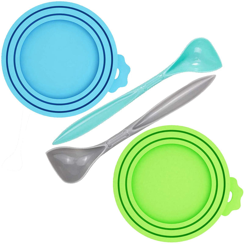 WOHENI 2 Pack Pet Food Can Cover, Universal Silicone Cat Dog Food Can Lids 1 Fit 3 Standard Size Can Tops, Fits Most Standard Size Dog and Cat Can Tops with 2 Spoons (Green, Blue) - PawsPlanet Australia
