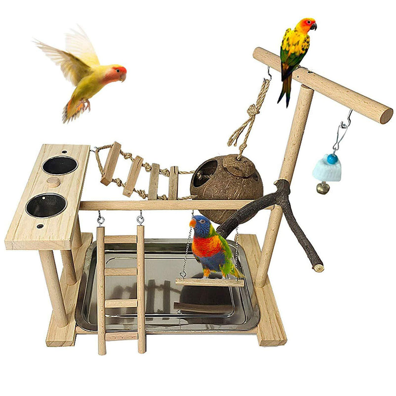 Parrots Playground,Bird Play Gym Wood Perch Stand Climb Swing Ladders Chewing Toys with Parakeet Nest Box Feeding Cups Exercise Activity Center for Conure Cockatiel Lovebirds(Include a Tray) - PawsPlanet Australia