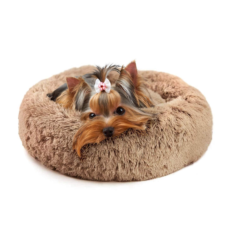 Small Dog Bed Donut Shape Round Kitten Beds Self Warming Anti Slip Cuddler Burrow Luxury Pet Bed for Small Dogs Cats with Bamboo Sheet S-19" Brown - PawsPlanet Australia