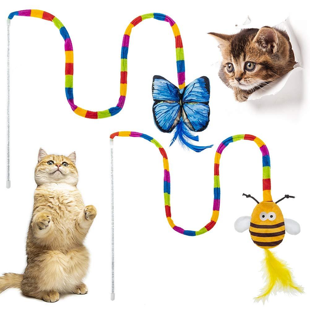 BINGPET Cat Wand Toys - 2 Pack Interactive Cat Feather Toys, Cat Teaser Toys with Bee and Butterfly Model, Crinkle Paper Inside, Perfect Cat String Toy, Catnip Toys for Indoor Cats, Kitties - PawsPlanet Australia