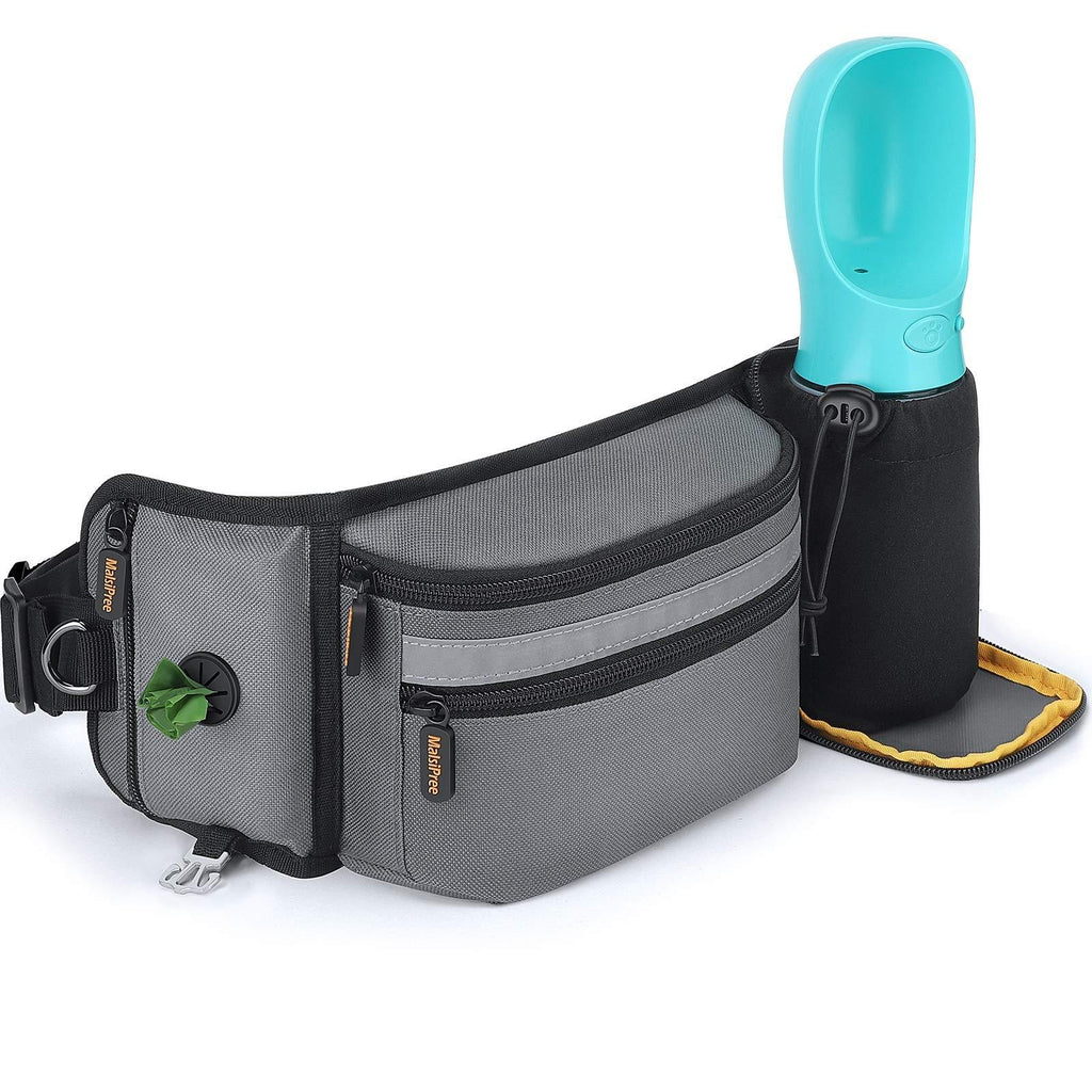 [Australia] - MalsiPree Dog Treat Pouch for Training – Built in Poop Bag Dispenser with Hidden Water Bottle Holder, Waist Belt Fanny Pack Great for Puppy Class, Walking, Hiking, Kayaking and Camping Gray 