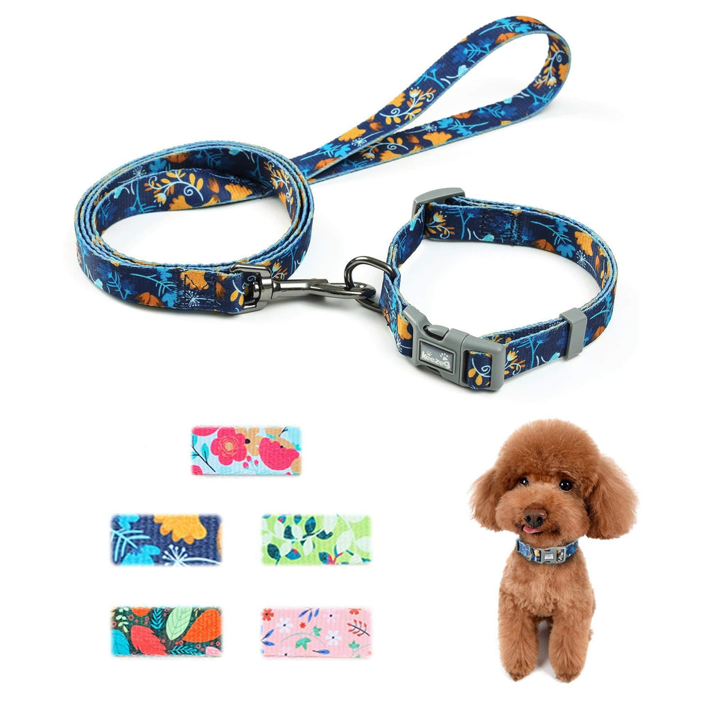 keezeg Dog Collar and Leash Set, Dog Collar for Small Medium Large Dogs and Cats，Cute Floral Print Dog Collar for Girls and Boys, Spring & Summer Themed Pattern, Dark Blue (XS) XS: 0.4" Wide for 6.7"-9.8" Neck, 5ft Leash - PawsPlanet Australia