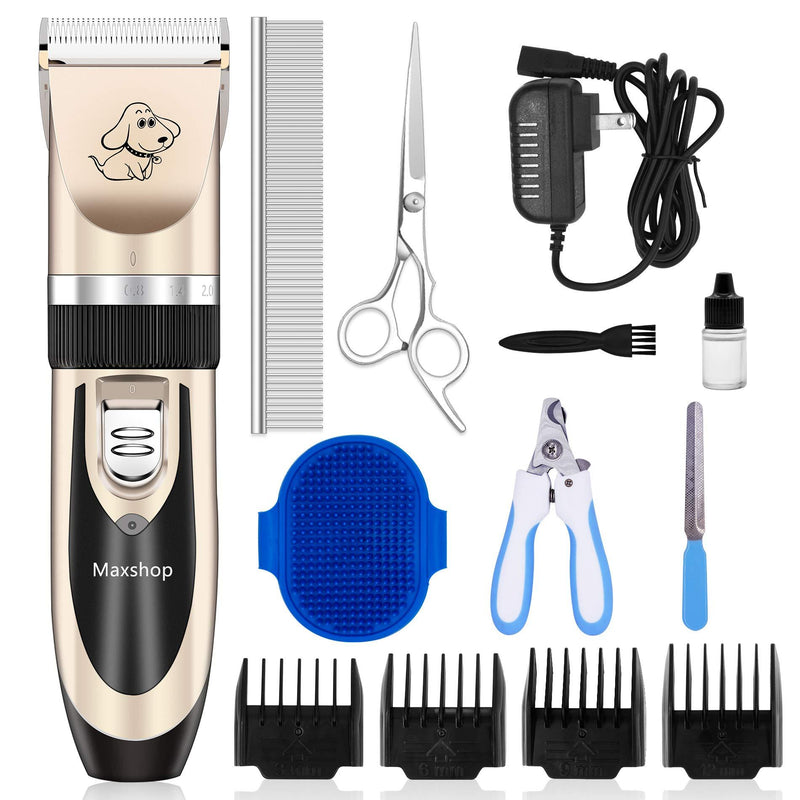 Maxshop Dog Grooming Kit, Low Noise Rechargeable Dogs Shaver Clippers Electric Quiet Dog Hair Trimmer for Dogs and Cats with Comb Guides Scissors Gold - PawsPlanet Australia