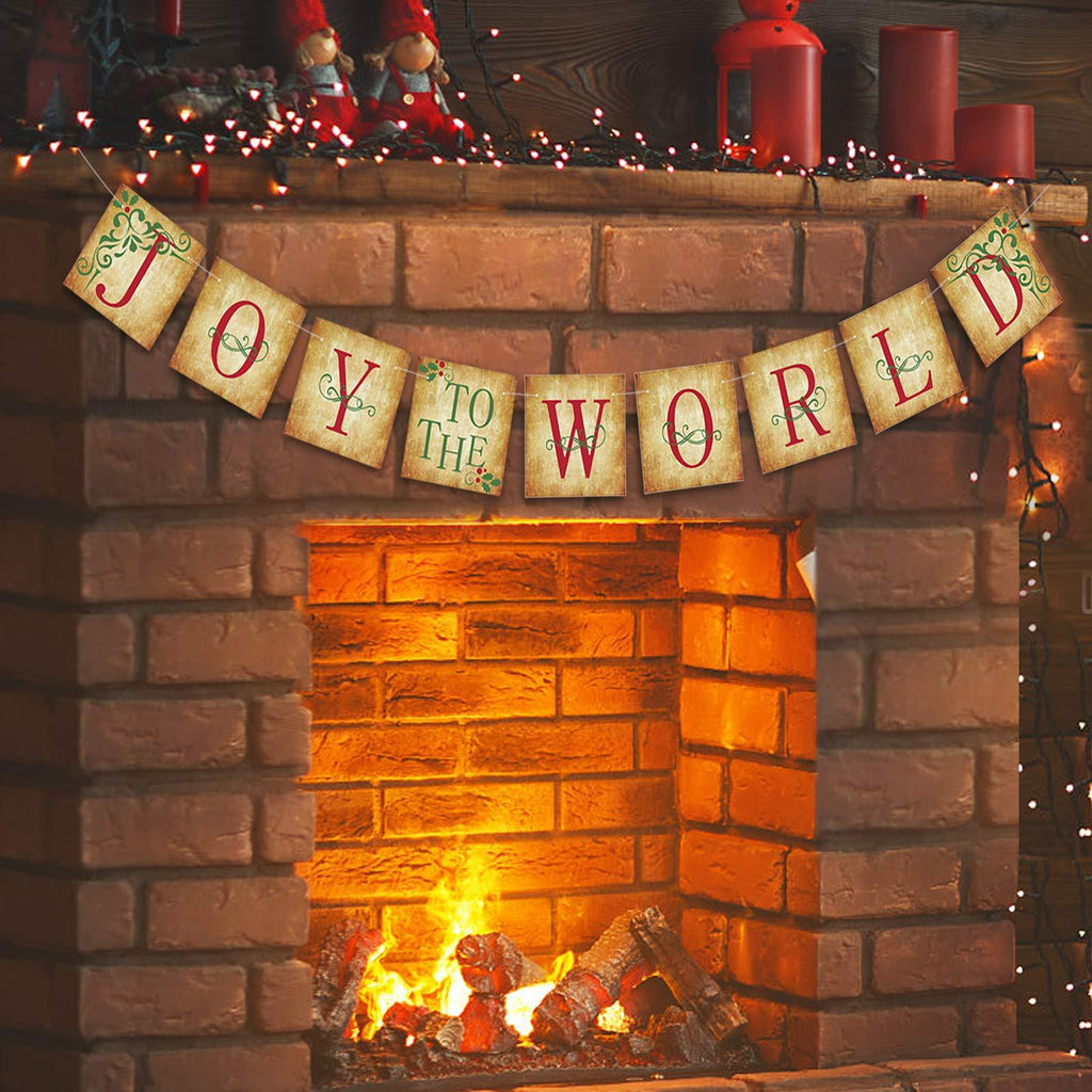 Christmas Decorations Indoor - JOY TO THE WORLD Banner - Vintage Xmas Decorations for Home Office Party Fireplace Mantle - PawsPlanet Australia