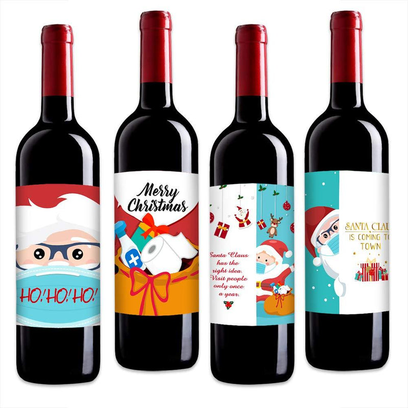 WaaHome 4pcs Christmas Party Wine Bottle Decorations 4''x5'' Santa Claus Wear Face Mask Quarantine Christmas Wine Bottle Labels, Toilet Paper Wine Bottle Stickers for Christmas Party Decor Supplies - PawsPlanet Australia