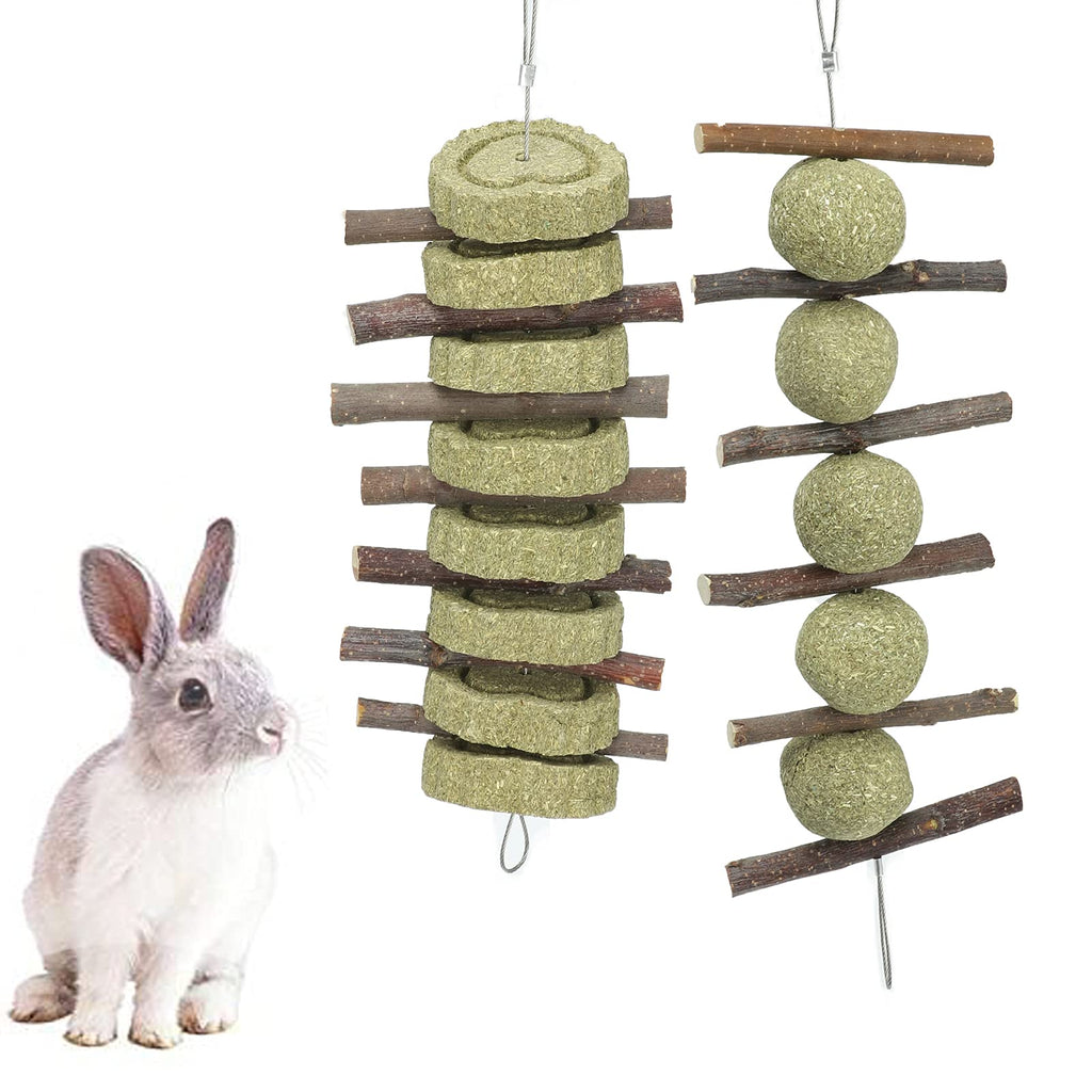 Bunny Chew Toys, 2PCS Rabbit Hamster Chew Toys with Apple Wood Sticks Natural Grass Cake and Grass Ball, Teeth Grinding Toy for Bunny Hamster Parrot Chinchillas Guinea Pig Gerbils Rats Chewing Playing - PawsPlanet Australia