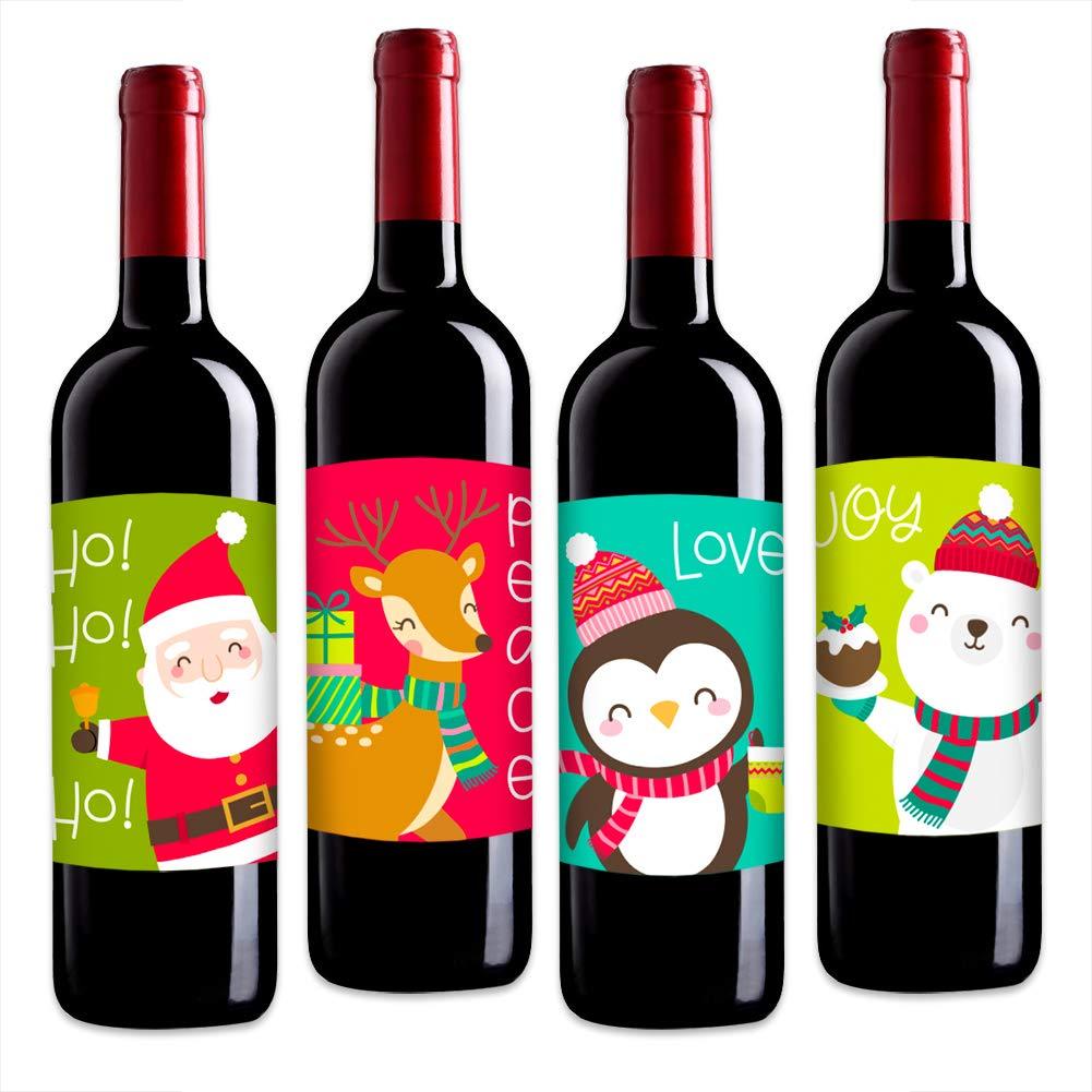 WaaHome 4pcs Christmas Wine Bottle Labels 4''x5'' Christmas Party Wine Bottle Decorations Santa Claus Snowmen Elk Wine Bottle Labels Stickers for Christmas Party Decor Supplies - PawsPlanet Australia