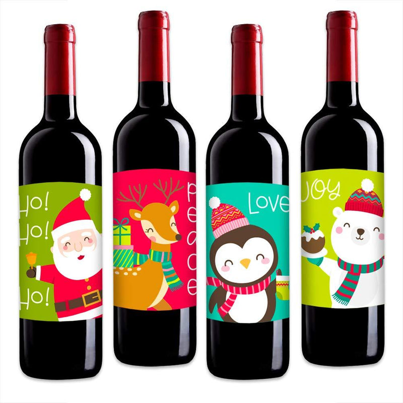 WaaHome 4pcs Christmas Wine Bottle Labels 4''x5'' Christmas Party Wine Bottle Decorations Santa Claus Snowmen Elk Wine Bottle Labels Stickers for Christmas Party Decor Supplies - PawsPlanet Australia