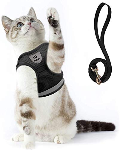 Supet Cat Harness and Leash Set for Walking Cat and Small Dog Harness Soft Mesh Puppy Harness Adjustable Cat Vest Harness with Reflective Strap Comfort Fit for Pet Kitten Puppy Rabbit X-Small (Chest: 7" - 9") Black - PawsPlanet Australia