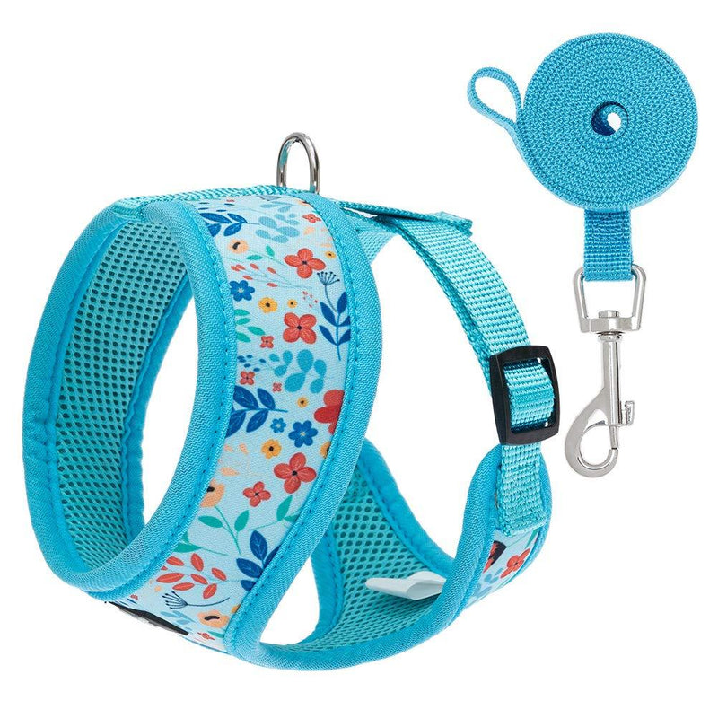 PUPTECK Breathable Dogs Harness Leash Set for Small Dogs Cats, Soft Adjustable Puppy Vest Harness No Pull with Floral Pattern S-Chest Girth: 14-18in Blue - PawsPlanet Australia