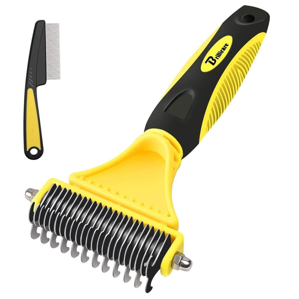BRILLIARE Dematting Tool+Free Stainless-Steel Comb, Pet Grooming Tool, 2 Sided Undercoat Blade Rake for Cat&Dog, Deshedding Brush for Easy Mats&Tangles Removing, No More Nasty Shedding and Flying Hair - PawsPlanet Australia