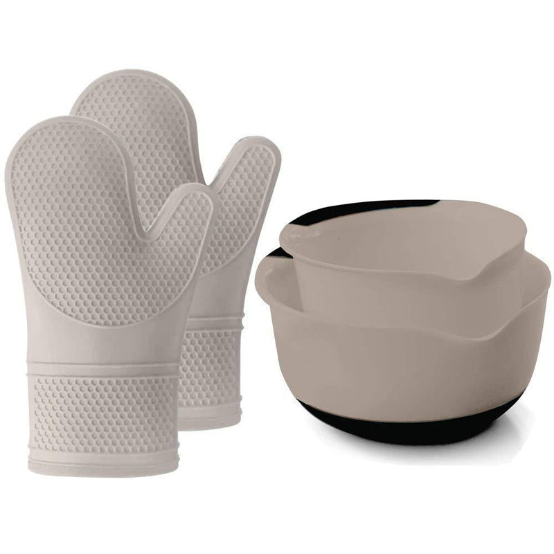 Gorilla Grip Oven Mitts Set and Mixing Bowls Set of 2, Both in Almond Color, Mixing Bowls Include 5 Quart and 3 Quart Sizes, Oven Mitts are Heat Resistant, 2 Item Bundle - PawsPlanet Australia