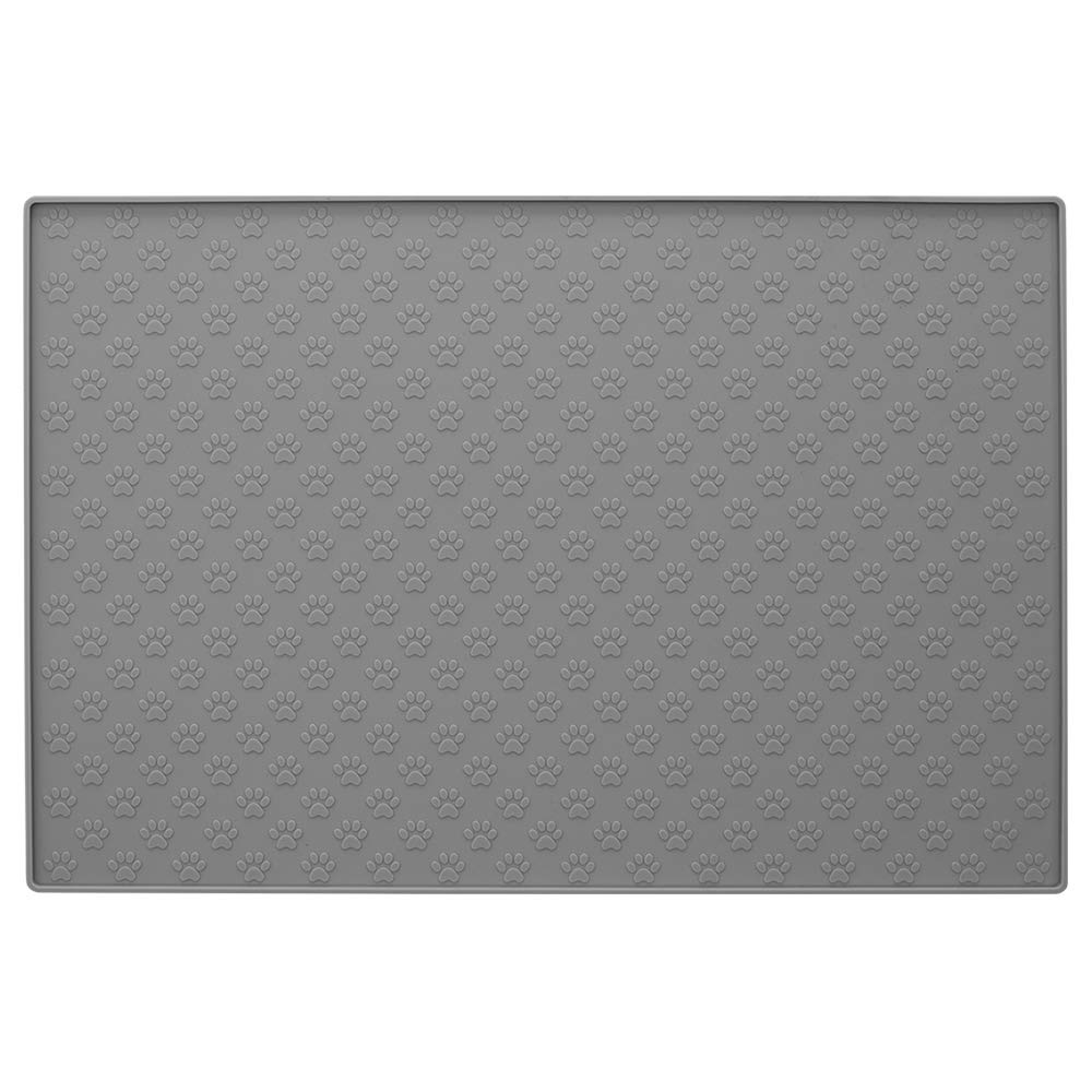 MIGHTY MONKEY Premium Silicone Pet Feeding Mat, Waterproof Pets Placemat, Raised Edges, Paw Print Patterned Food Tray Mats, Dishwasher Safe, Prevent Food and Water Bowl Spills on Floor 24x16 Inch (Pack of 1) Gray - PawsPlanet Australia